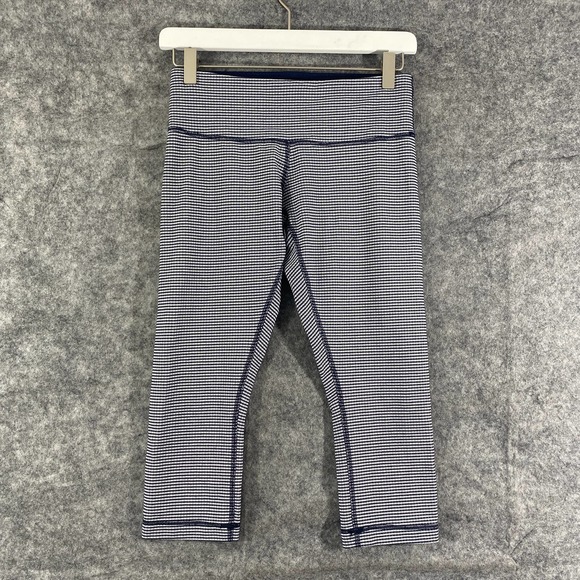Lululemon Leggings 6 Wunder Under Crop Gingham Printed Navy Blue White Luon - Picture 1 of 15
